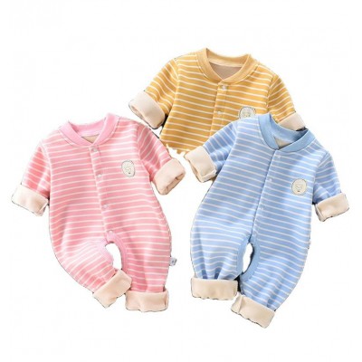 Wholesale Organic Cotton Baby Clothes Warm Striped Round Neck Long Sleeve Button Knitted Baby Infant Romper